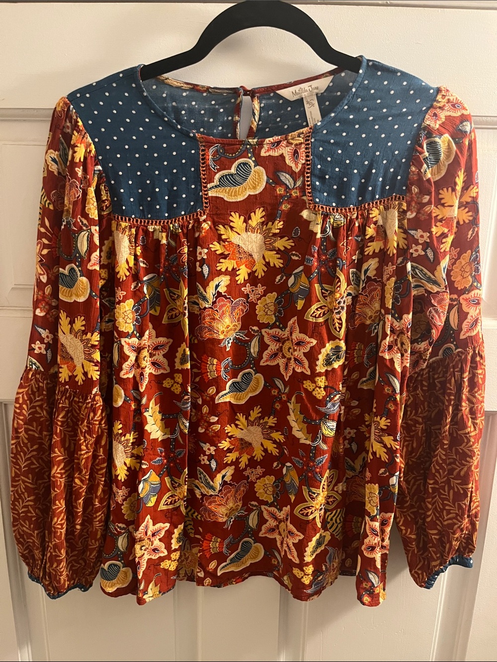 Maeve Rust Floral Peasant Blouse with Navy Polka Yoke